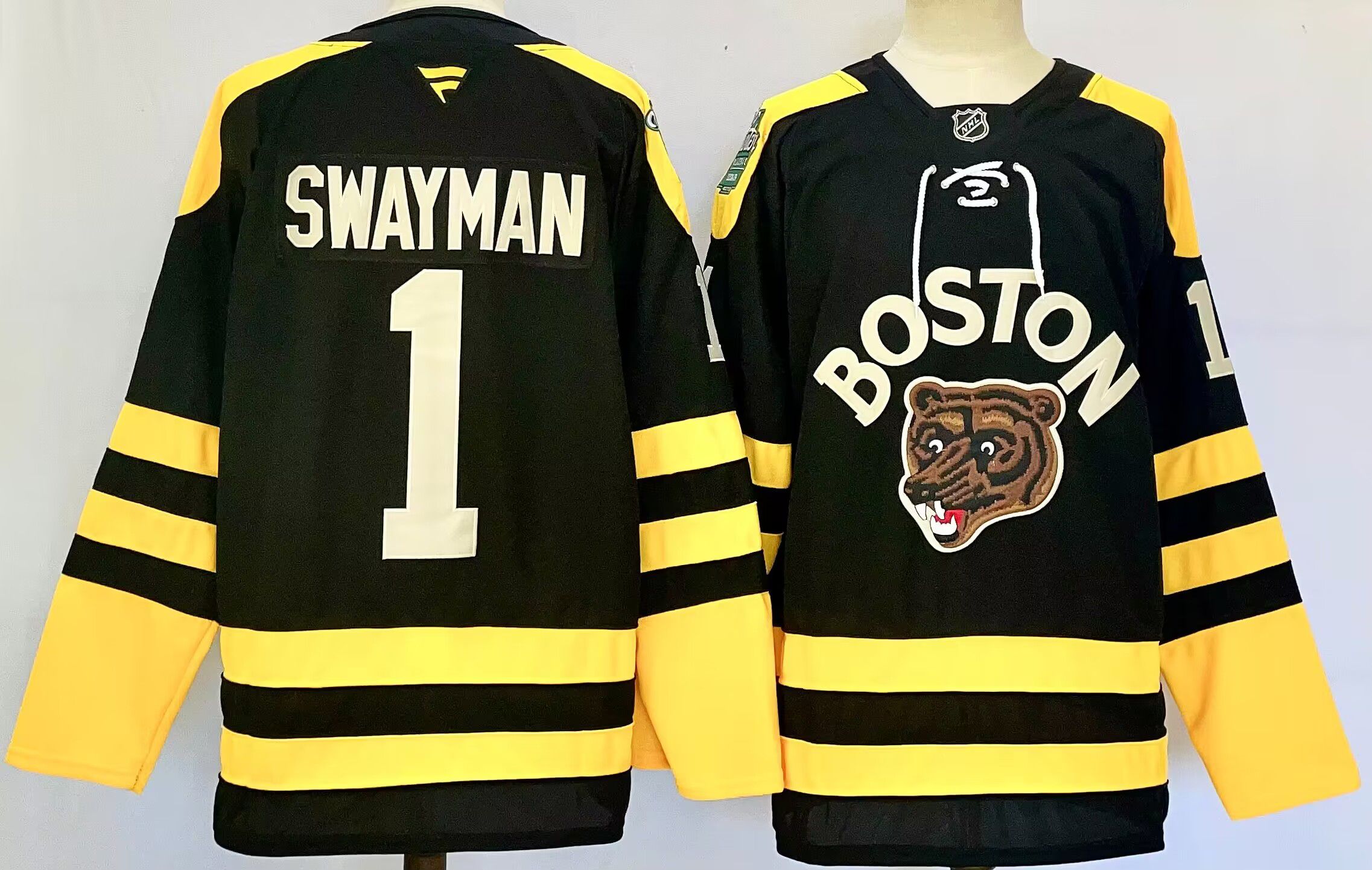 Men Boston Bruins #1 Swayman Black 2025 Home Premier Player NHL Jersey style 1